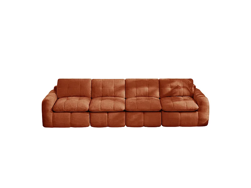 Sofá 4 plazas modular en tela chenilla naranja, con cojín asiento y respaldo, 334x97x68cm