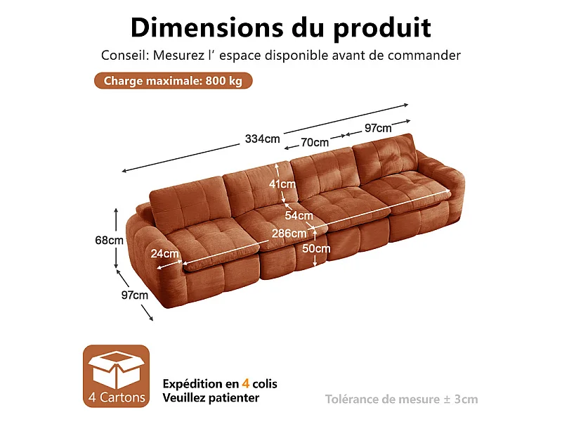 Sofá 4 plazas modular en tela chenilla naranja, con cojín asiento y respaldo, 334x97x68cm