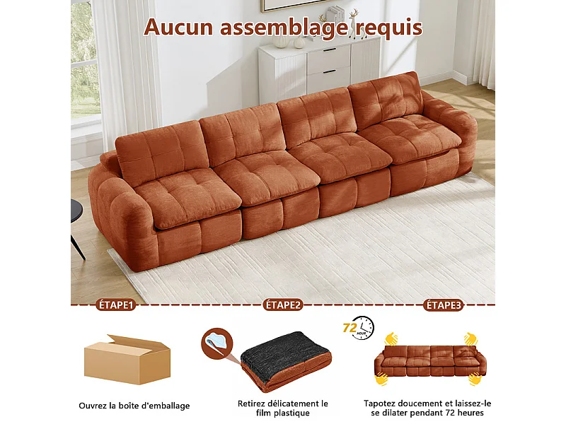 Sofá 4 plazas modular en tela chenilla naranja, con cojín asiento y respaldo, 334x97x68cm