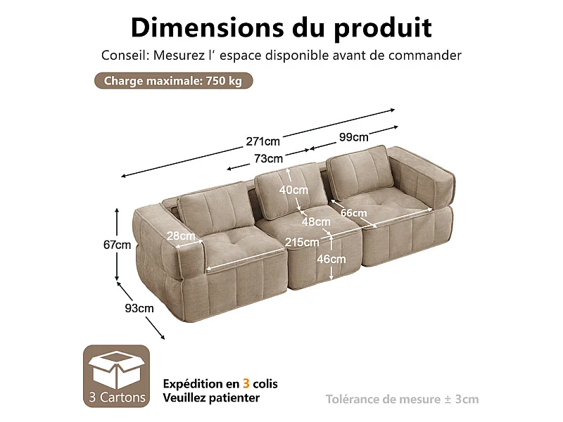 Modulaire 3-zits bank in bruine stof, met antislip basis en brede armleuningen, 271x93x67cm