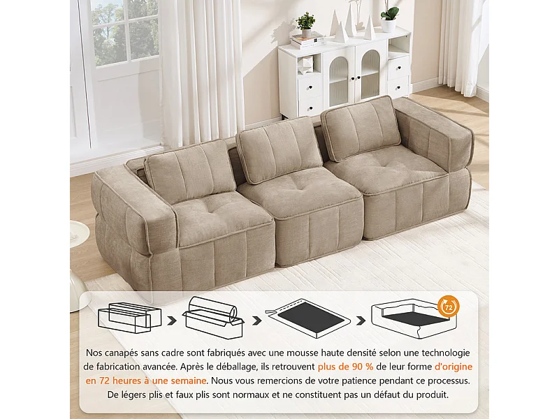 Modulaire 3-zits bank in bruine stof, met antislip basis en brede armleuningen, 271x93x67cm