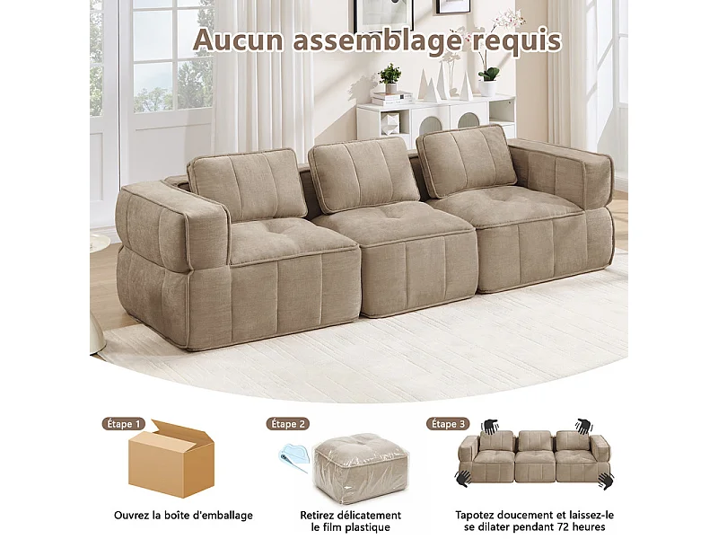 Modulaire 3-zits bank in bruine stof, met antislip basis en brede armleuningen, 271x93x67cm