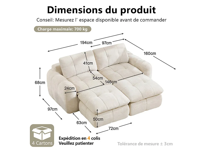 Modulaire 2-zits hoekbank in chenillestof, met 2 poefs, 194x160x68cm, Beige