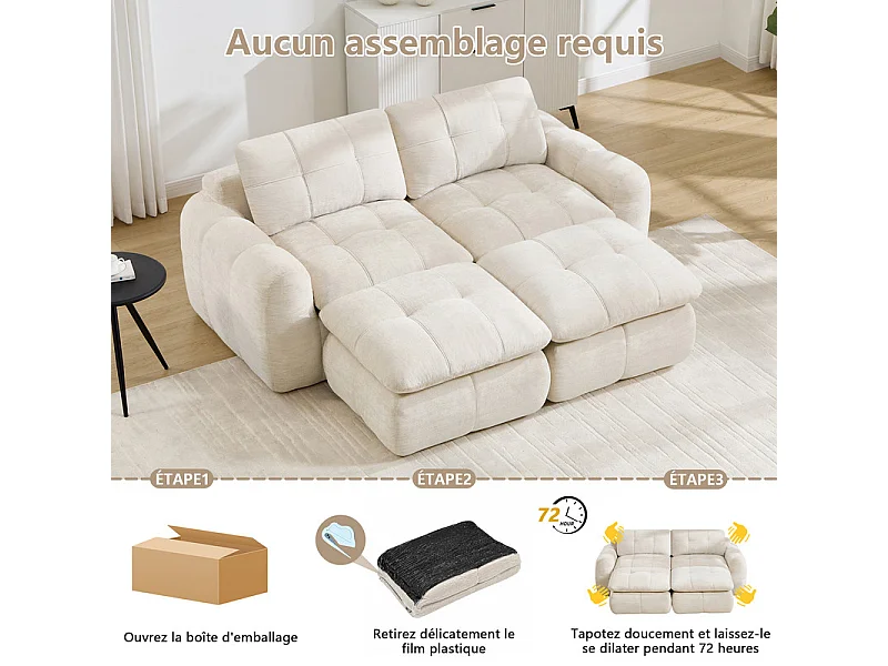 Modulaire 2-zits hoekbank in chenillestof, met 2 poefs, 194x160x68cm, Beige