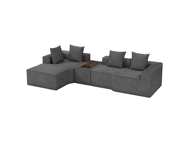 Canapé d'angle modulable en velours côtelé, avec gauche méridienne, table basse et porte-gobelets, 320x152x59cm, Gris
