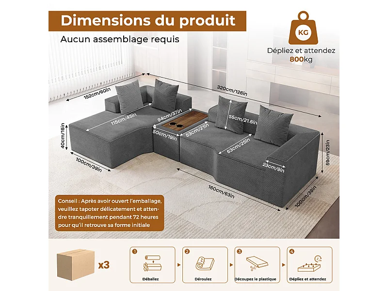 Canapé d'angle modulable en velours côtelé, avec gauche méridienne, table basse et porte-gobelets, 320x152x59cm, Gris