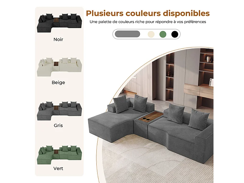 Canapé d'angle modulable en velours côtelé, avec gauche méridienne, table basse et porte-gobelets, 320x152x59cm, Gris