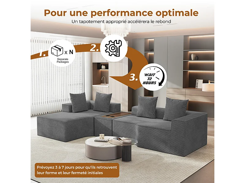 Canapé d'angle modulable en velours côtelé, avec gauche méridienne, table basse et porte-gobelets, 320x152x59cm, Gris