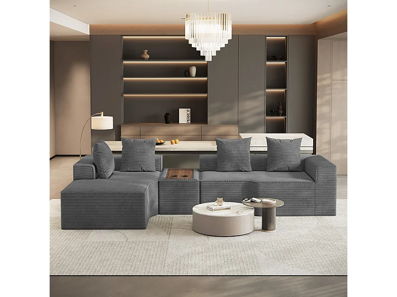 Canapé d'angle modulable en velours côtelé, avec gauche méridienne, table basse et porte-gobelets, 320x152x59cm, Gris
