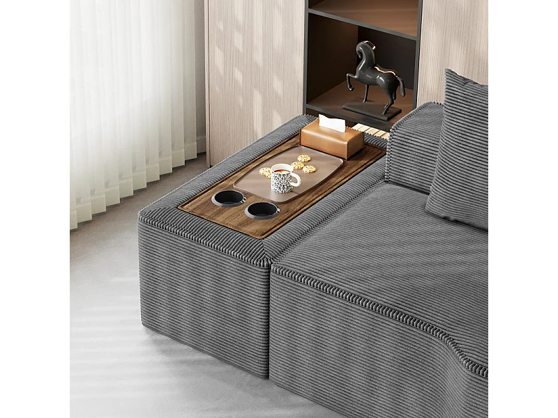 Canapé d'angle modulable en velours côtelé, avec gauche méridienne, table basse et porte-gobelets, 320x152x59cm, Gris