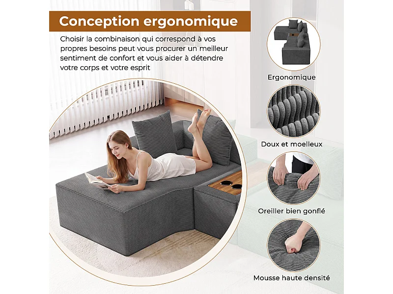 Canapé d'angle modulable en velours côtelé, avec gauche méridienne, table basse et porte-gobelets, 320x152x59cm, Gris