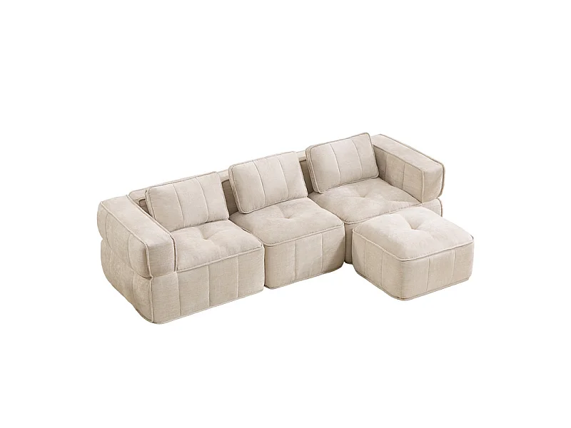 Sofá esquinero modular en tela, 3 plazas, con puf, 271x162x67cm, Beige