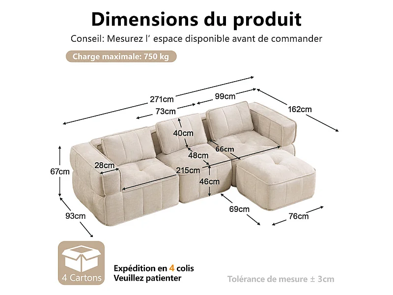 Sofá esquinero modular en tela, 3 plazas, con puf, 271x162x67cm, Beige