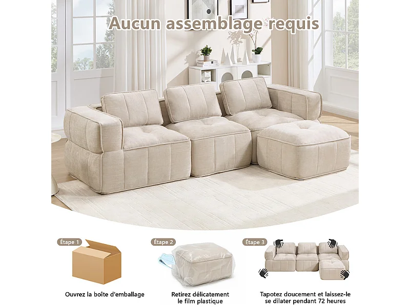 Sofá esquinero modular en tela, 3 plazas, con puf, 271x162x67cm, Beige