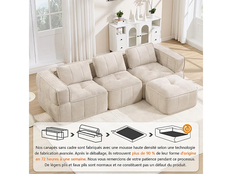 Sofá esquinero modular en tela, 3 plazas, con puf, 271x162x67cm, Beige