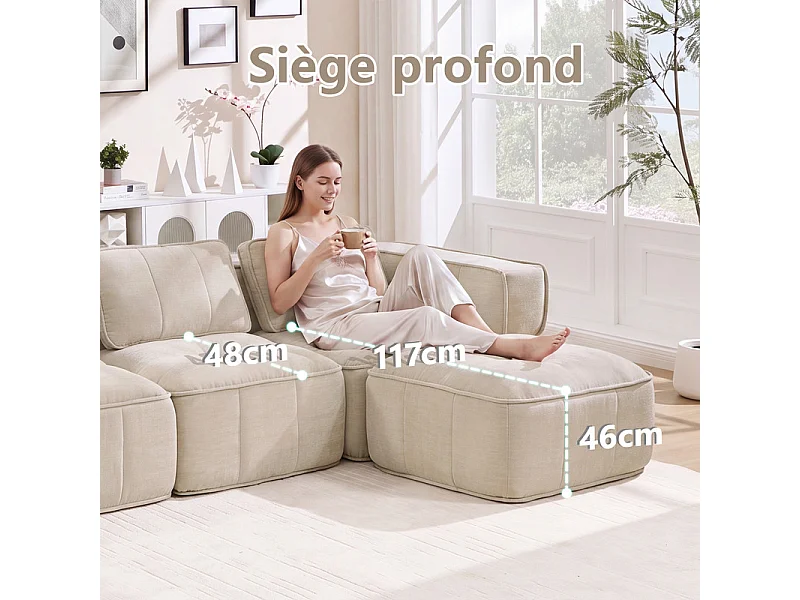 Sofá esquinero modular en tela, 3 plazas, con puf, 271x162x67cm, Beige
