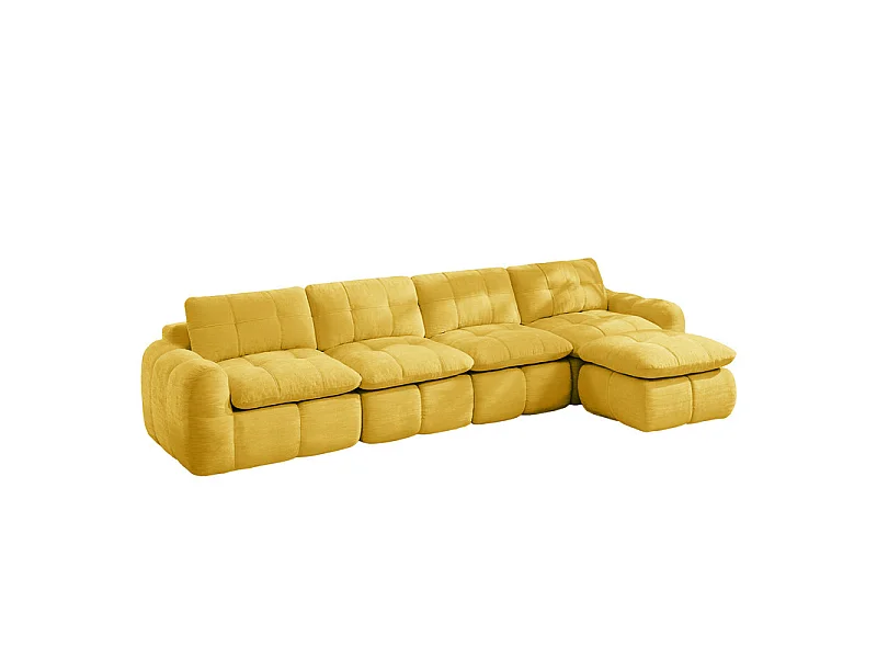 Canapé 4 places d'angle modulable en tissu chenille, avec pouf, 334x160x68cm, Jaune