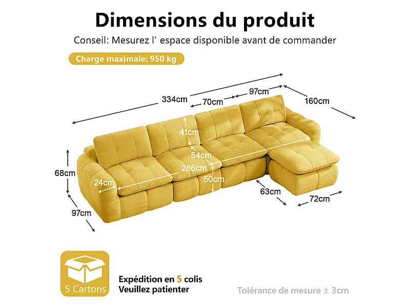 Canapé 4 places d'angle modulable en tissu chenille, avec pouf, 334x160x68cm, Jaune