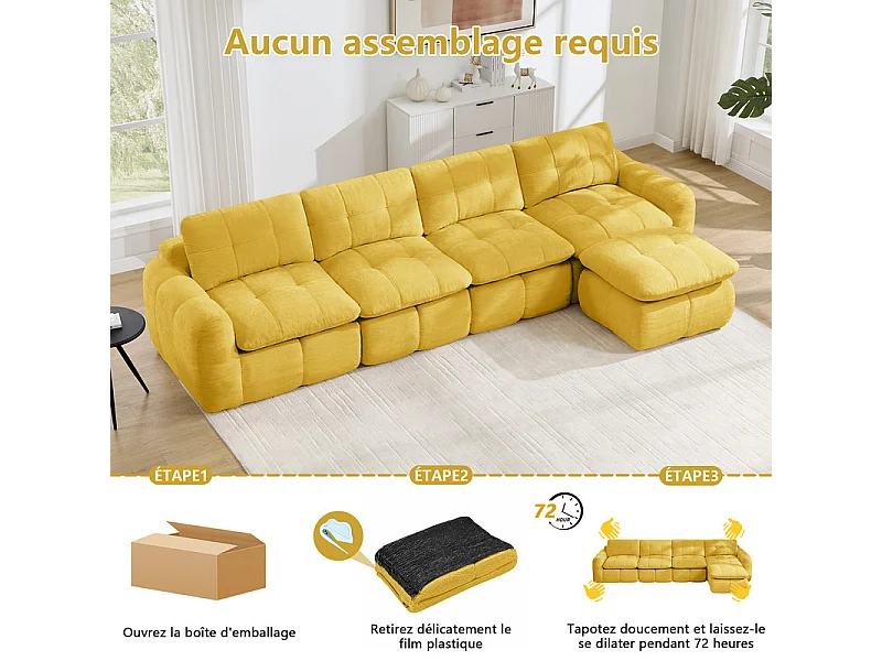 Canapé 4 places d'angle modulable en tissu chenille, avec pouf, 334x160x68cm, Jaune