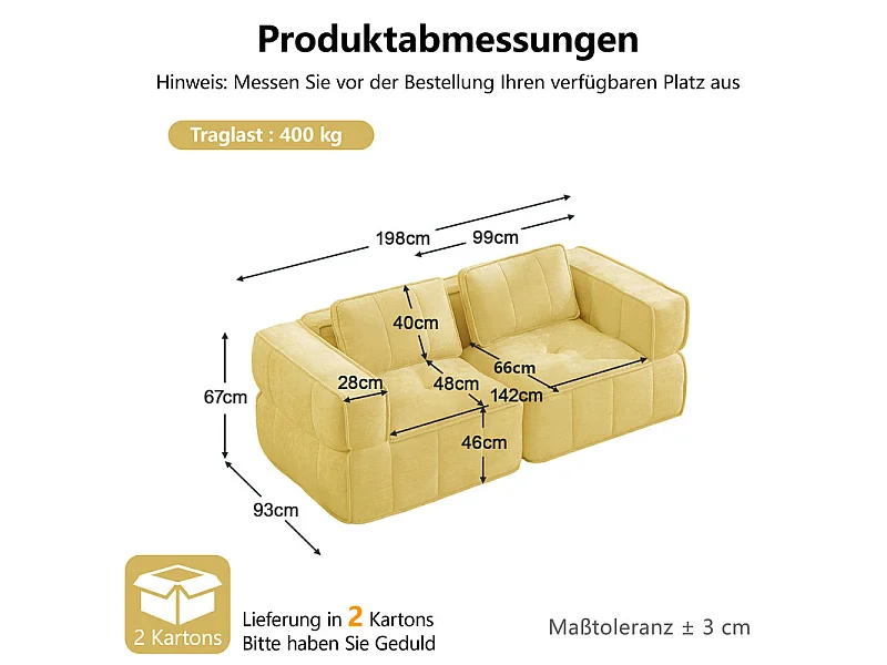 Modulaire 2-zits bank in gele stof, met antislip basis en brede armleuningen, 198x93x67cm