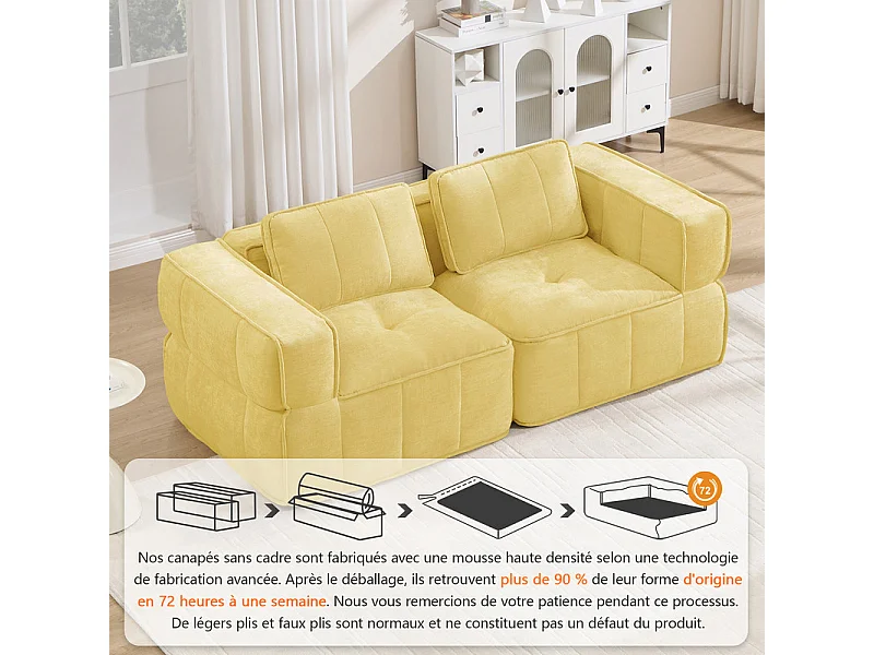 Modulaire 2-zits bank in gele stof, met antislip basis en brede armleuningen, 198x93x67cm