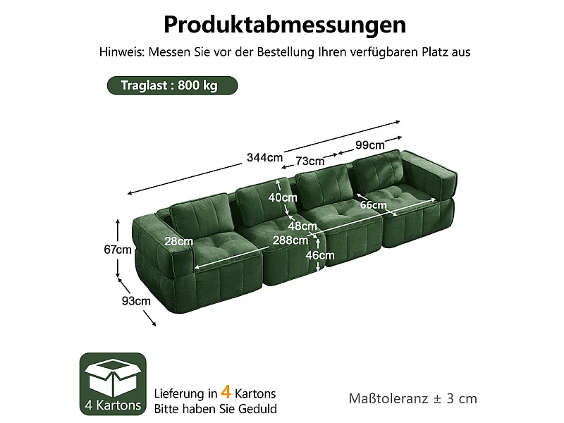 Sofá 4 plazas modular en tela verde, con base antideslizante y amplios reposabrazos, 344x93x67cm