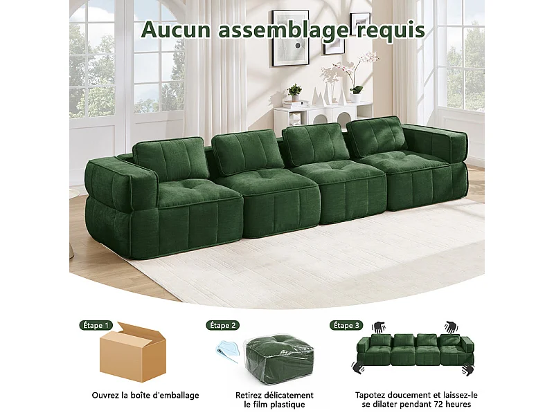 Sofá 4 plazas modular en tela verde, con base antideslizante y amplios reposabrazos, 344x93x67cm