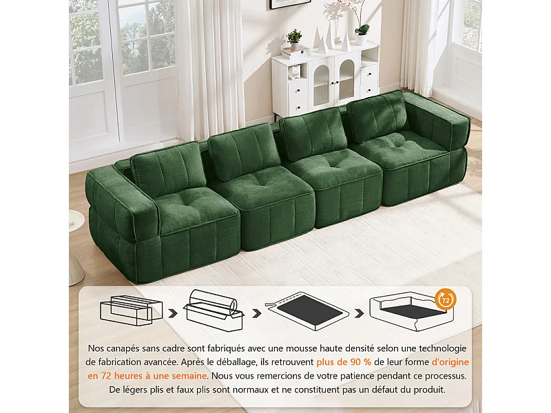 Sofá 4 plazas modular en tela verde, con base antideslizante y amplios reposabrazos, 344x93x67cm
