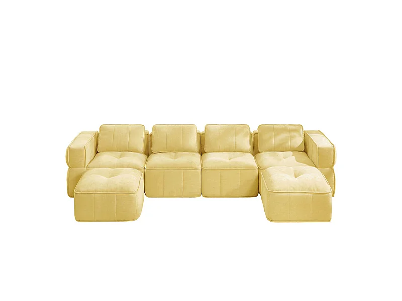 Canapé d'angle panoramique modulable en tissu, 4 places, avec 2 pouf, 344x162x67cm, Jaune