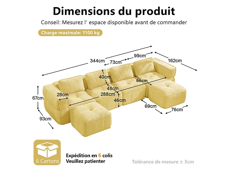 Canapé d'angle panoramique modulable en tissu, 4 places, avec 2 pouf, 344x162x67cm, Jaune