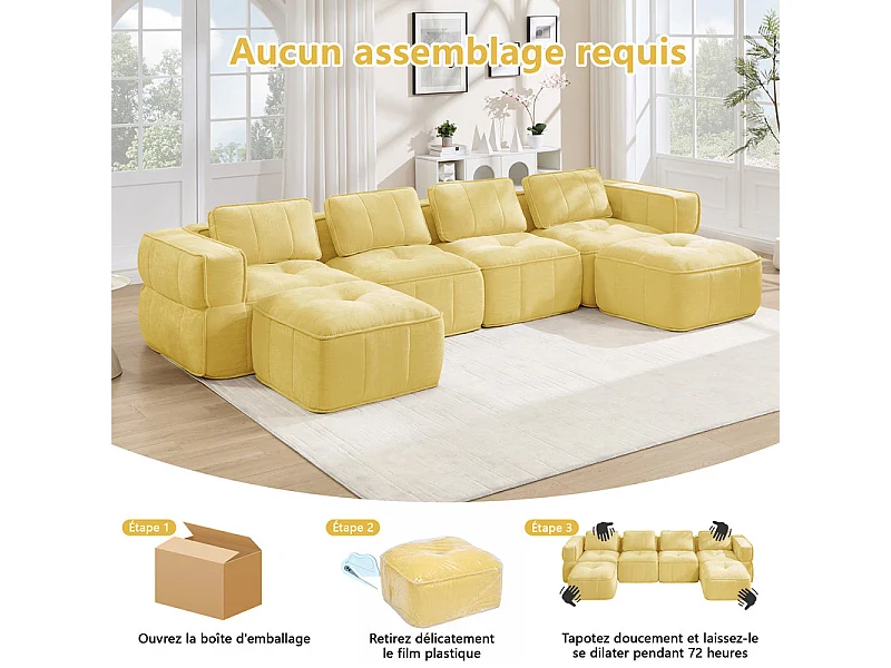 Canapé d'angle panoramique modulable en tissu, 4 places, avec 2 pouf, 344x162x67cm, Jaune