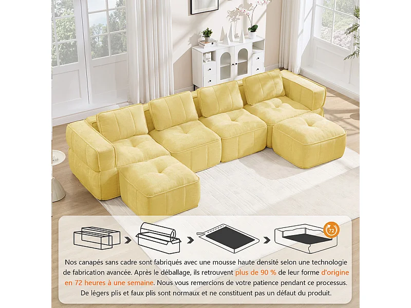 Canapé d'angle panoramique modulable en tissu, 4 places, avec 2 pouf, 344x162x67cm, Jaune