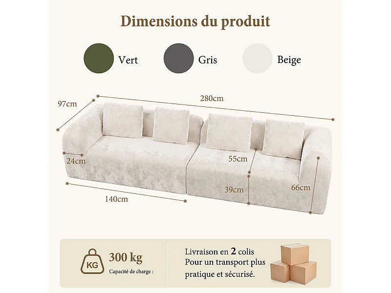 Canapé 4 places modulable en tissu chenille beige - avec 4 oreillers - 280x97x66cm