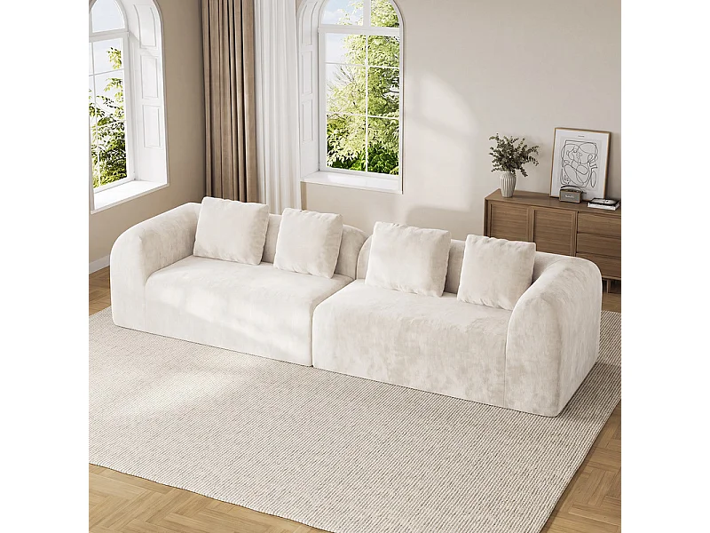 Canapé 4 places modulable en tissu chenille beige - avec 4 oreillers - 280x97x66cm