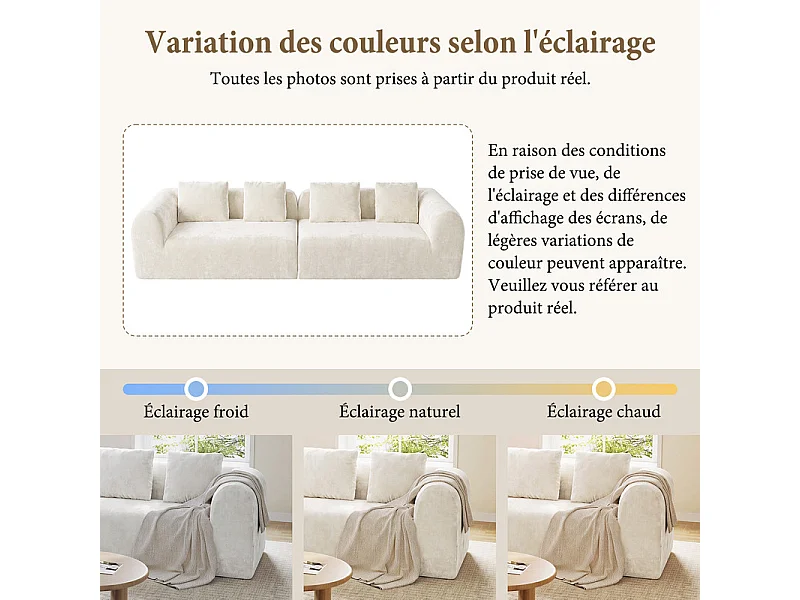 Canapé 4 places modulable en tissu chenille beige - avec 4 oreillers - 280x97x66cm