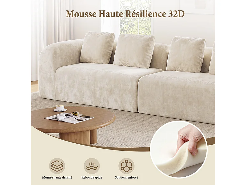 Canapé 4 places modulable en tissu chenille beige - avec 4 oreillers - 280x97x66cm