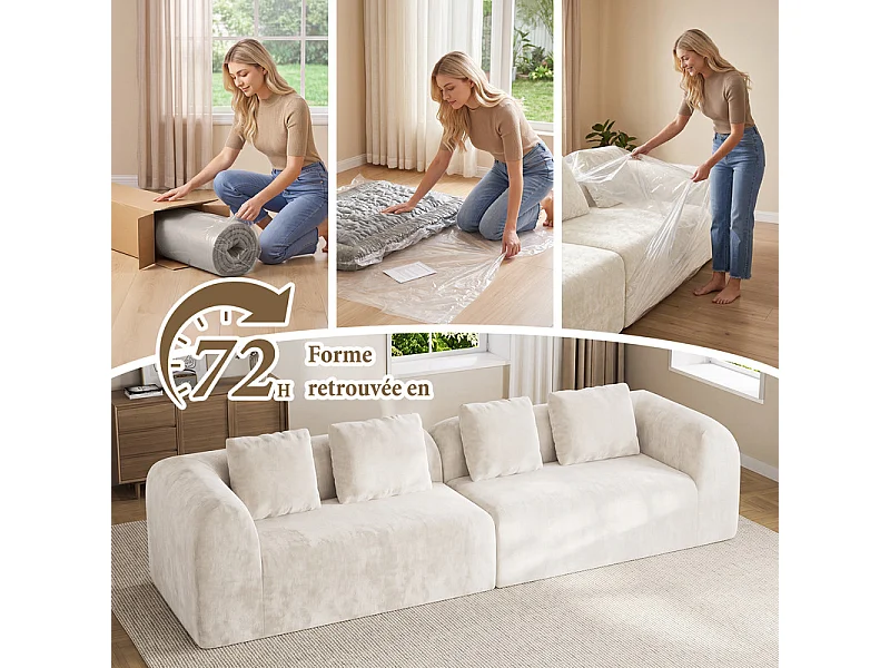 Canapé 4 places modulable en tissu chenille beige - avec 4 oreillers - 280x97x66cm