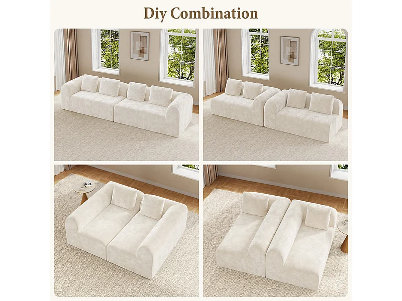 Canapé 4 places modulable en tissu chenille beige - avec 4 oreillers - 280x97x66cm
