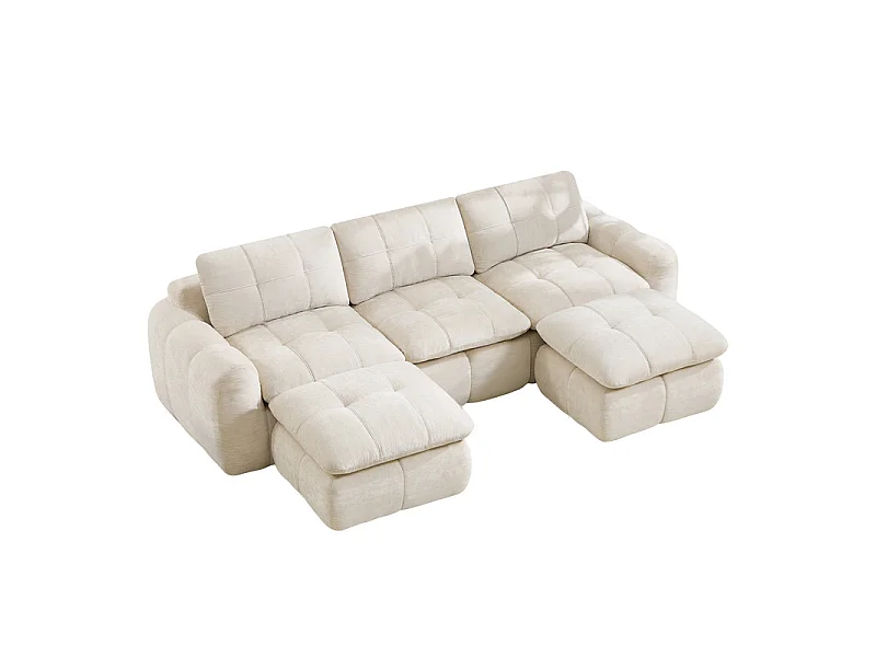 Sofá esquinero panorámico modular en tela chenilla, con 2 puf, 264x160x68cm, Beige