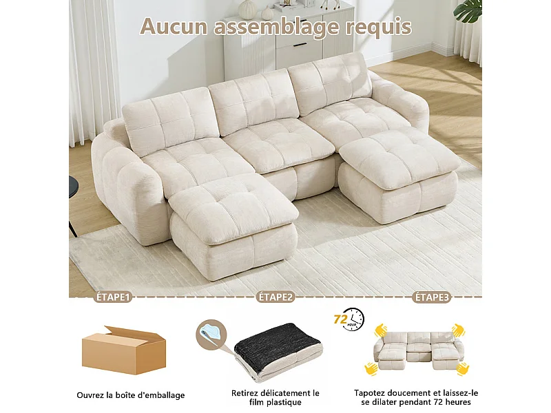 Sofá esquinero panorámico modular en tela chenilla, con 2 puf, 264x160x68cm, Beige