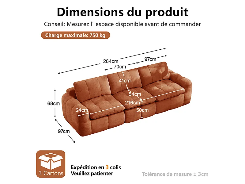 Canapé 3 places modulable en tissu chenille orange, avec coussin d'assise et dossier, 264x97x68cm