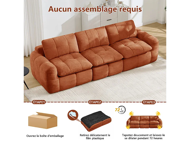 Canapé 3 places modulable en tissu chenille orange, avec coussin d'assise et dossier, 264x97x68cm