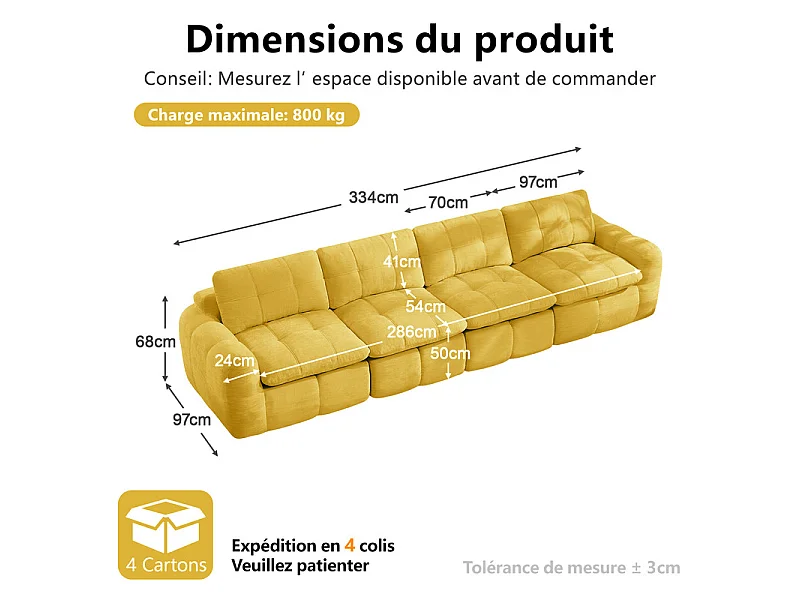 Canapé 4 places modulable en tissu chenille jaune, avec coussin d'assise et dossier, 334x97x68cm