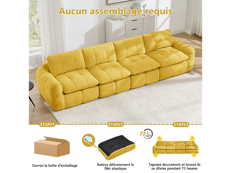 Canapé 4 places modulable en tissu chenille jaune, avec coussin d'assise et dossier, 334x97x68cm