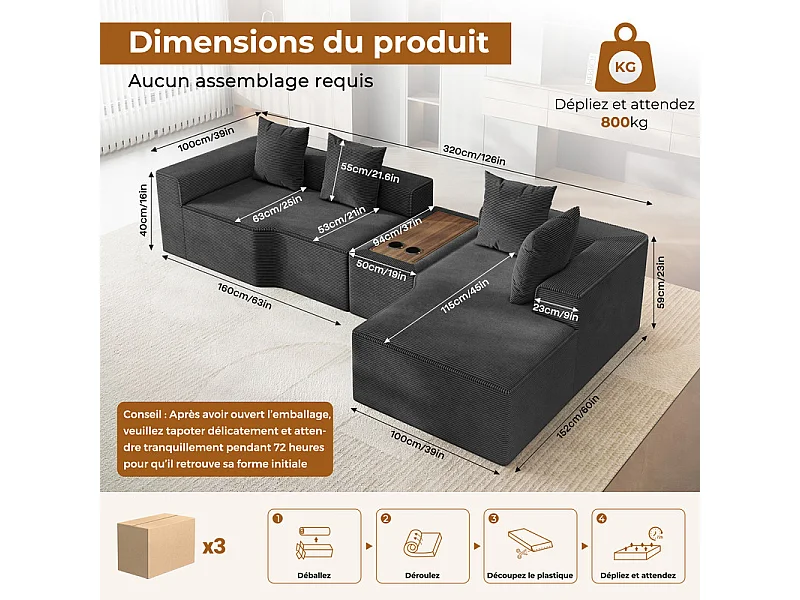 Canapé d'angle modulable en velours côtelé, avec droit méridienne, table basse et porte-gobelets, 320x152x59cm, Noir