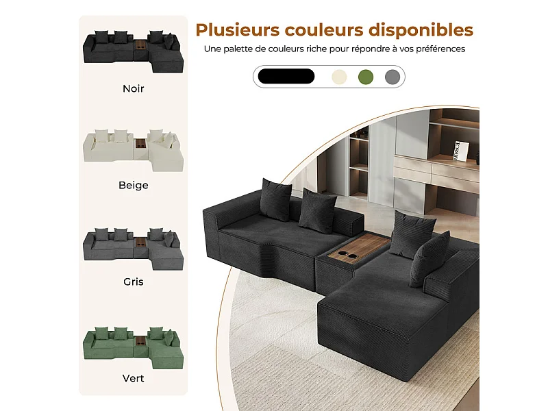 Canapé d'angle modulable en velours côtelé, avec droit méridienne, table basse et porte-gobelets, 320x152x59cm, Noir