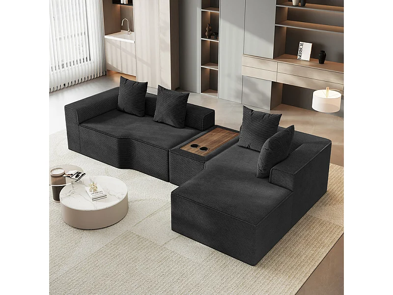 Canapé d'angle modulable en velours côtelé, avec droit méridienne, table basse et porte-gobelets, 320x152x59cm, Noir
