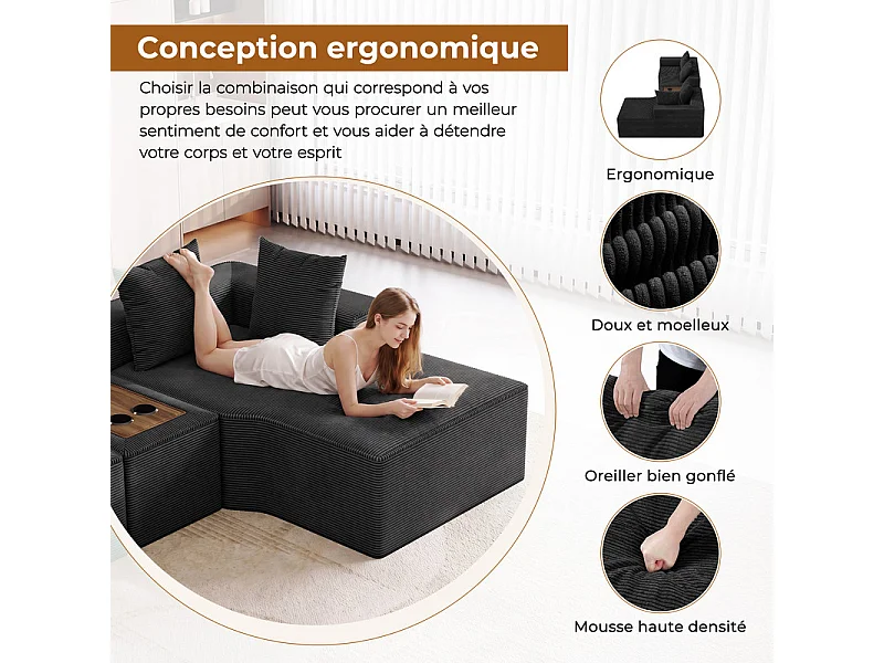 Canapé d'angle modulable en velours côtelé, avec droit méridienne, table basse et porte-gobelets, 320x152x59cm, Noir