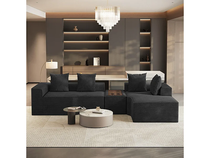 Canapé d'angle modulable en velours côtelé, avec droit méridienne, table basse et porte-gobelets, 320x152x59cm, Noir