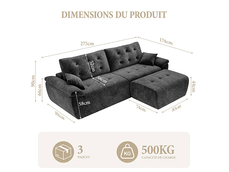 Canapé d'angle modulable en tissu chenille, 3/4 places, avec pouf et 2 oreillers, 275x174x90cm, Gris
